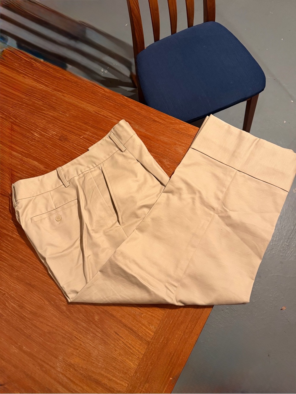 Women Pants Straight Wide Leg Cuff  Pleated Front Zipper Beige Cotton Lauren 12